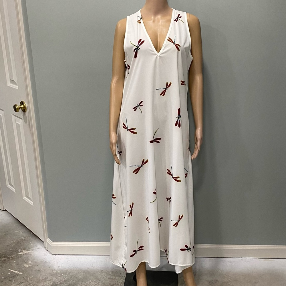 Zaniest White Dragonfly Print Sleeveless V-Neck Maxi Dress size large